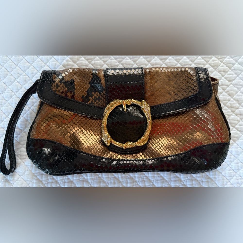 Doncaster Patchwork Snakeskin Clutch w/ Jeweled Serpent Clasp